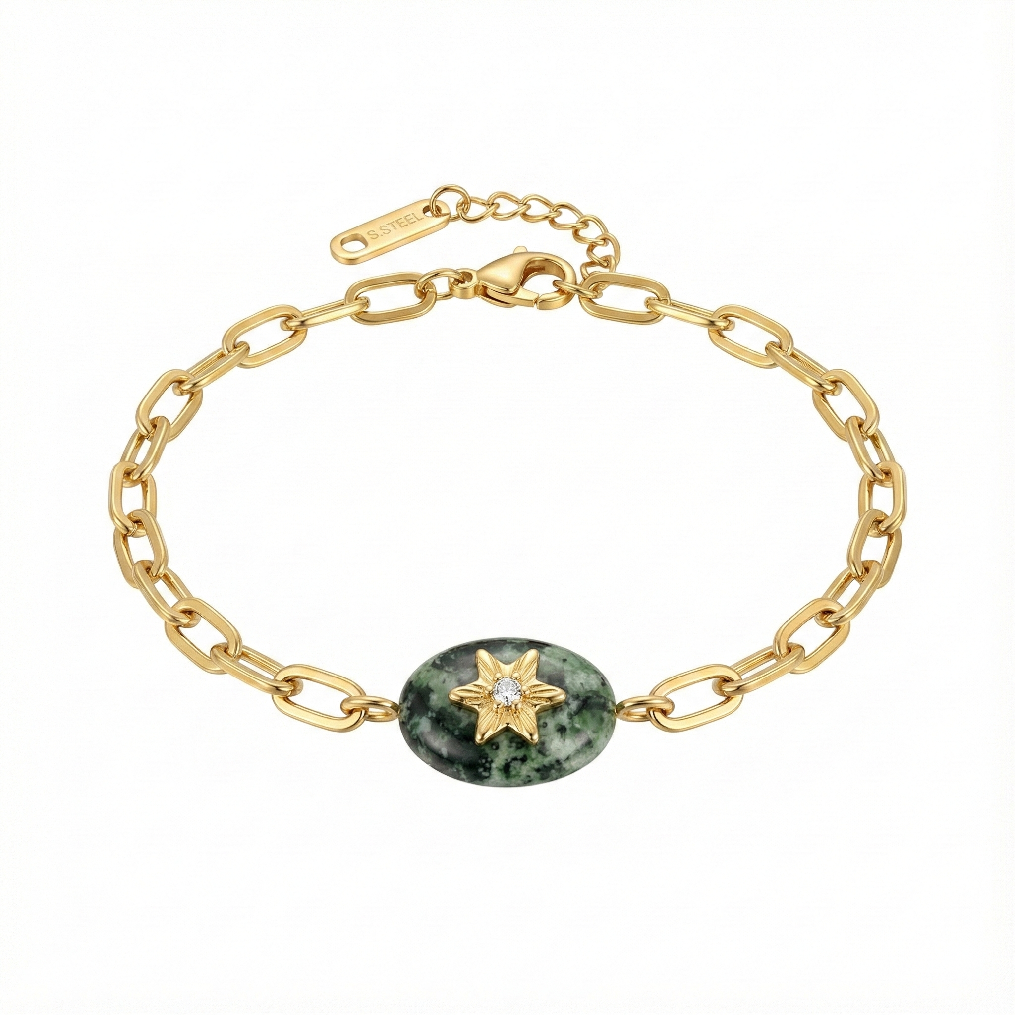 bracelet acier inoxydable doré pierre verte étoile vue large
